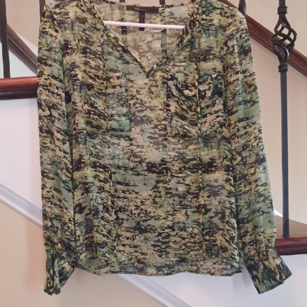 BCBGMaxAzria Green Camouflage Sheer Blouse